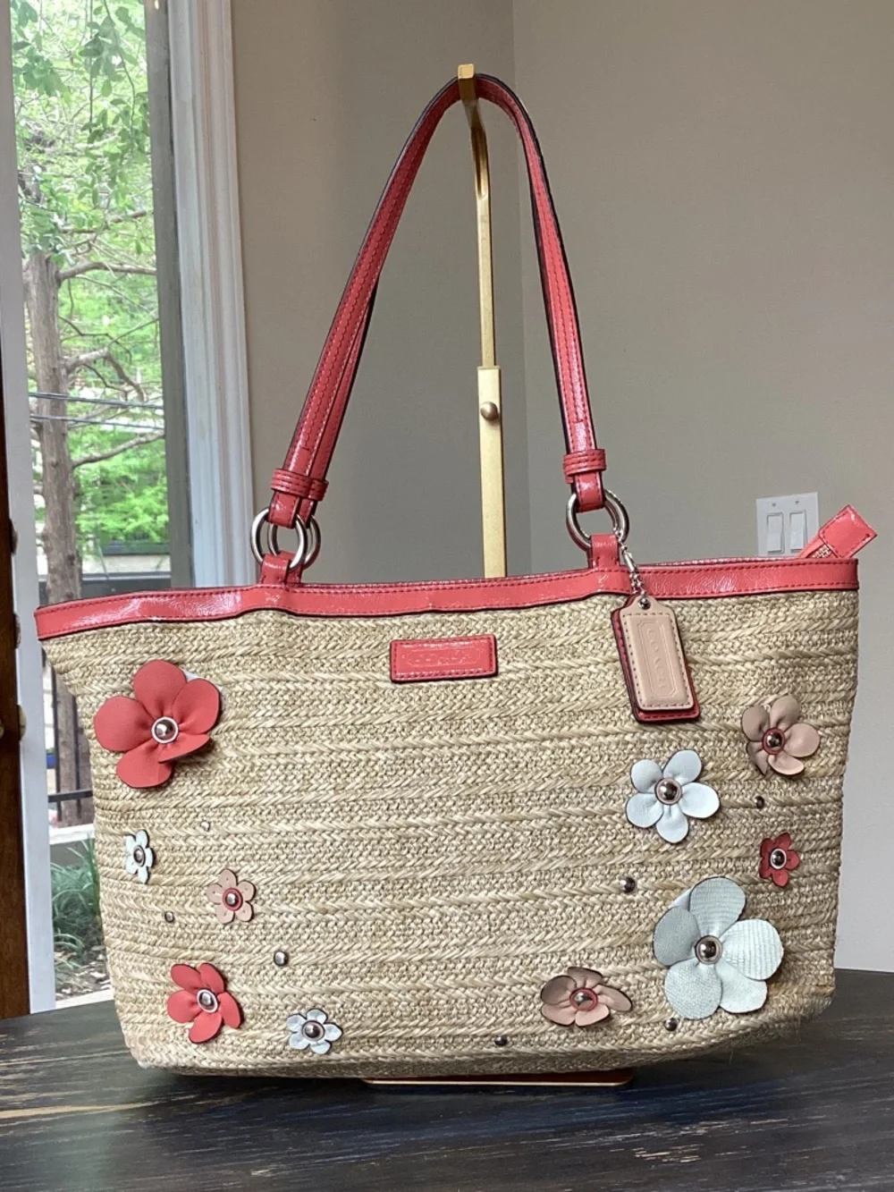 Coach Straw Floral Appliqué Tote with Coral Trim - Picture 2 of 12